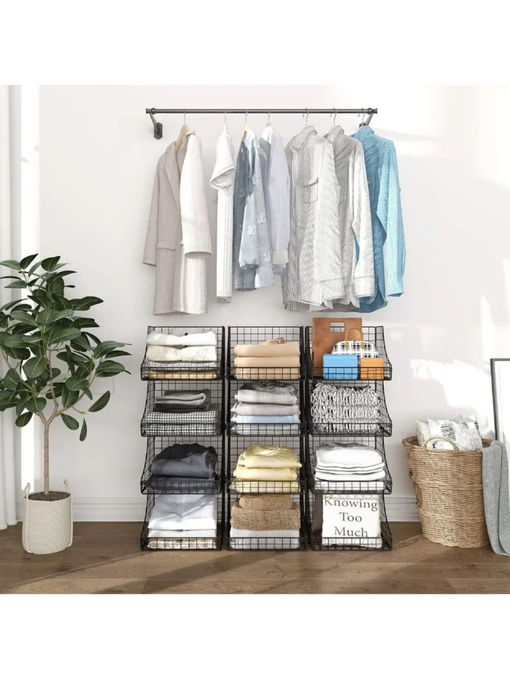 4-Pack Stackable Wire Baskets for Closet Organization, Rustic Metal Storage Bins